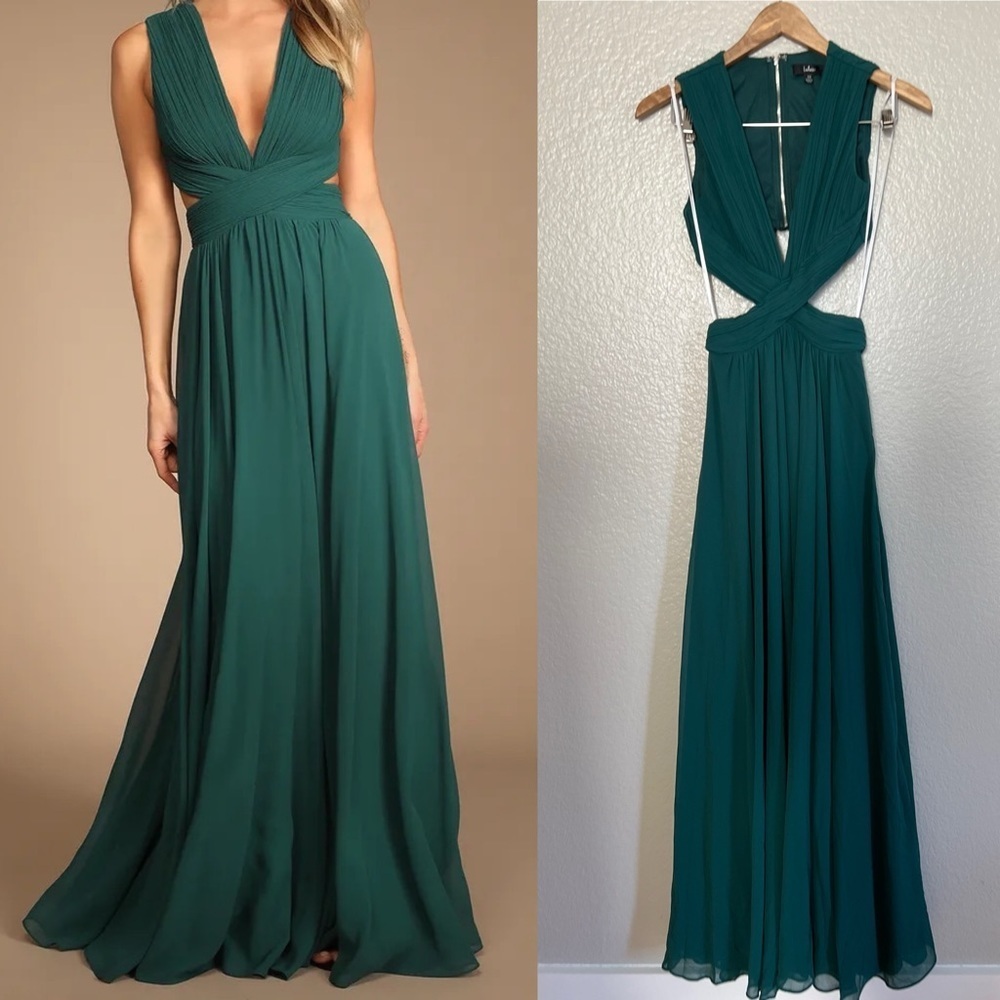 Lulu's Emerald Green Maxi Dress with Deep V and Cutouts